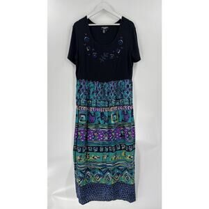 Vintage Saint Tropez West Dress Womens 12 Black Blue Maxi Short Sleeves 90s